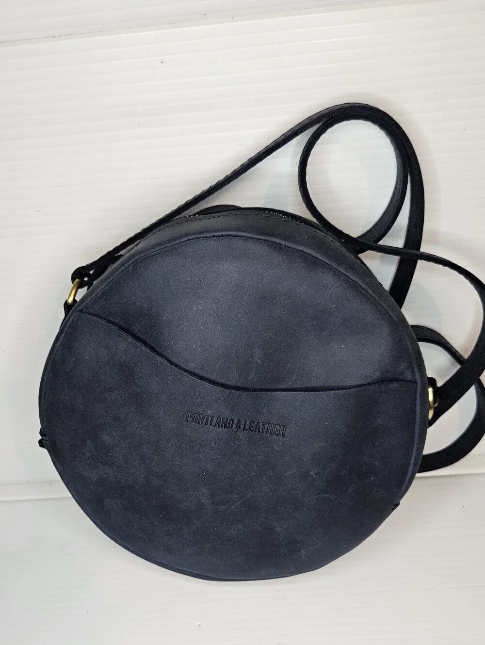 Portland Leather Goods Circle Crossbody Large Deep Water Blue Leather Bag